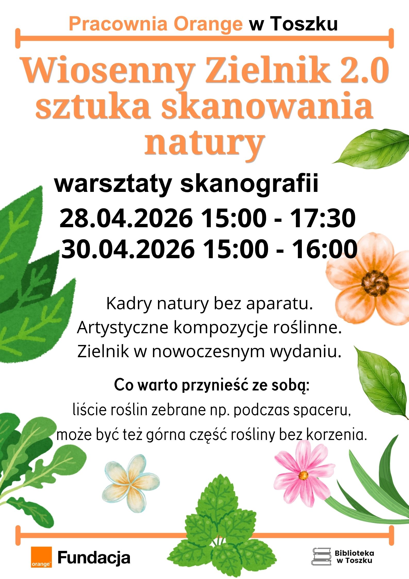 Plakat przedstawia litery kolorowe z informacjami o warsztatach, po bokach ozdabiaja go liście, kwiaty.