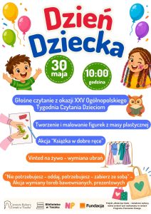 plakat przedstawia informacje o dniu dziecka, kolorowe napisy, buzie dzieci, balony