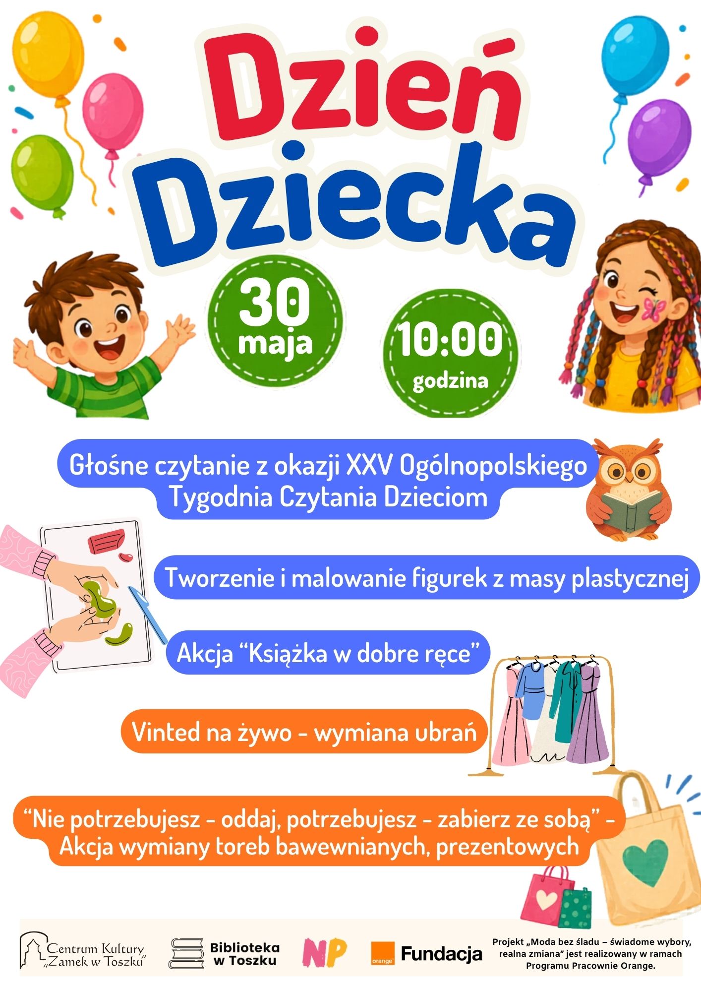 plakat przedstawia informacje o dniu dziecka, kolorowe napisy, buzie dzieci, balony