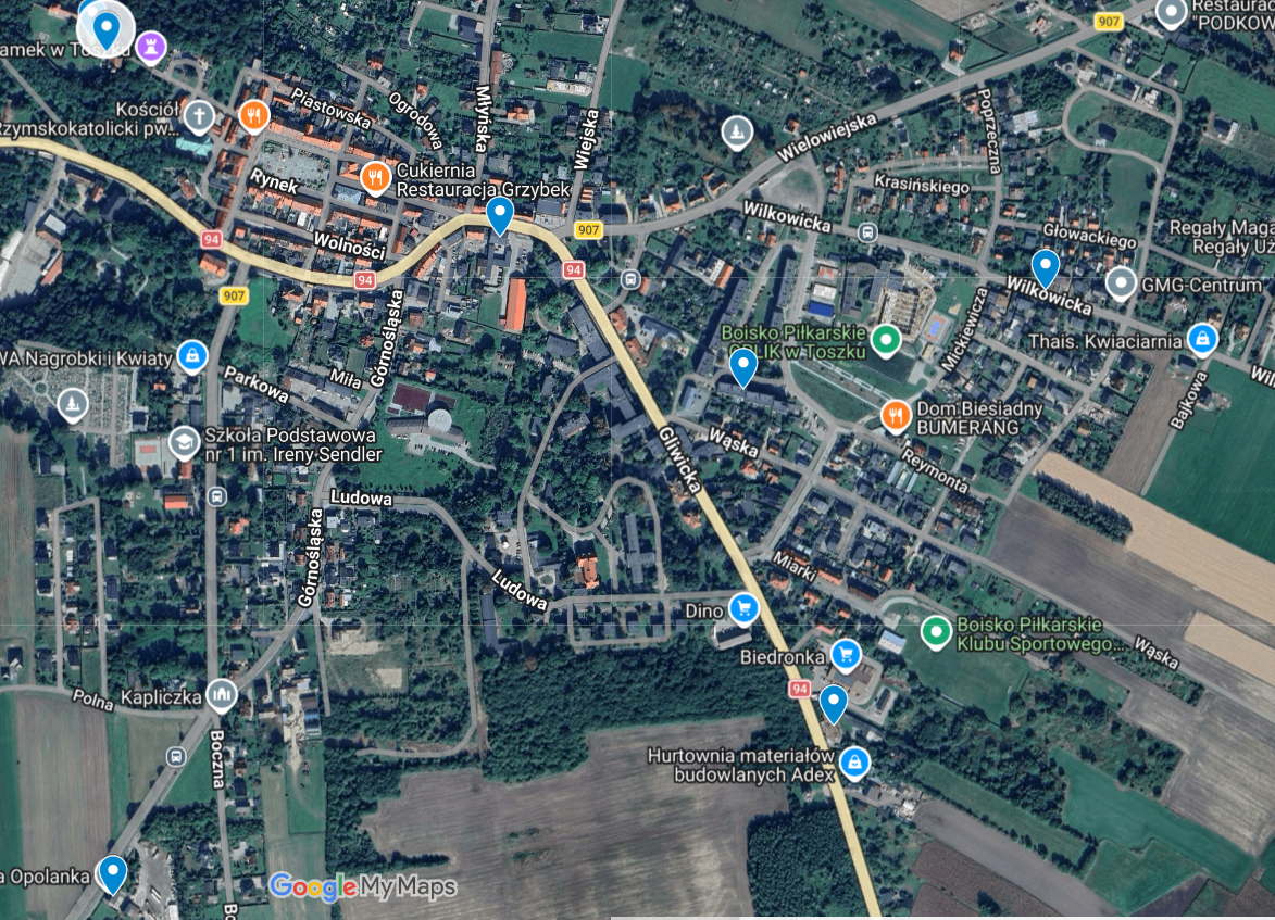 na zdjęciu widać mapę z zaznaczonymi niebieskimi pinezkami