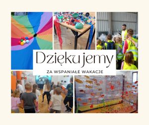Kolaż zdjęć przedstawiający dzieci podczas zabaw oraz wykonane przez nie prace plastyczne.
