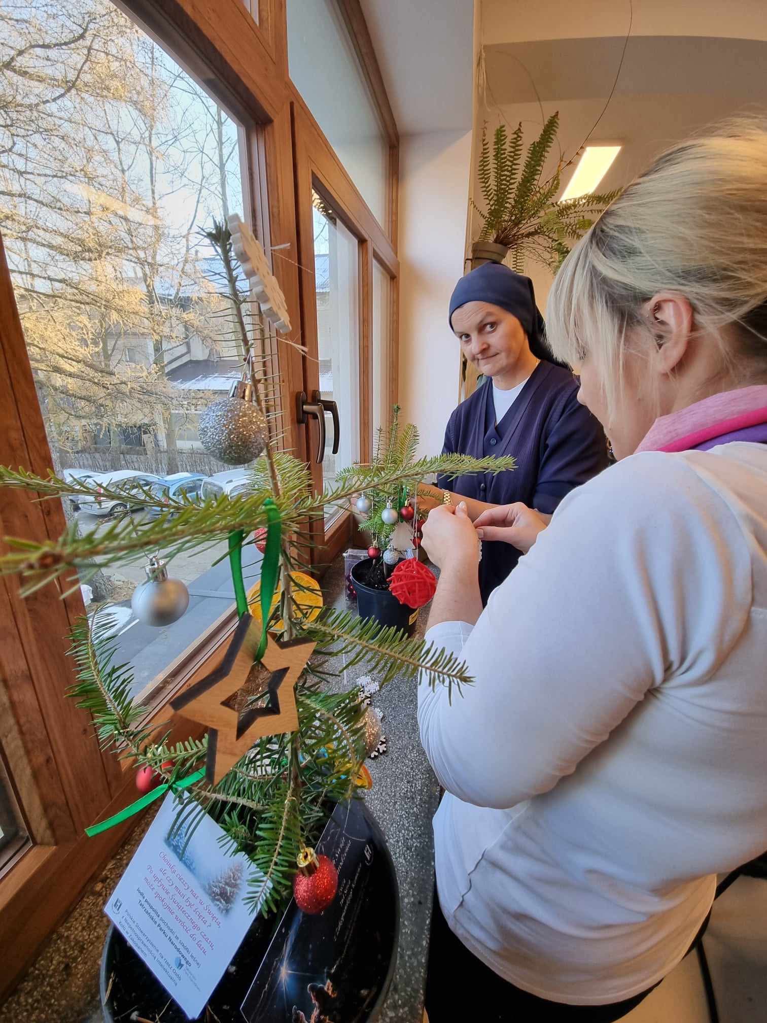 Kobieta w jasnym sweterku i siostra zakonna ozdabiają świąteczną jodełkę