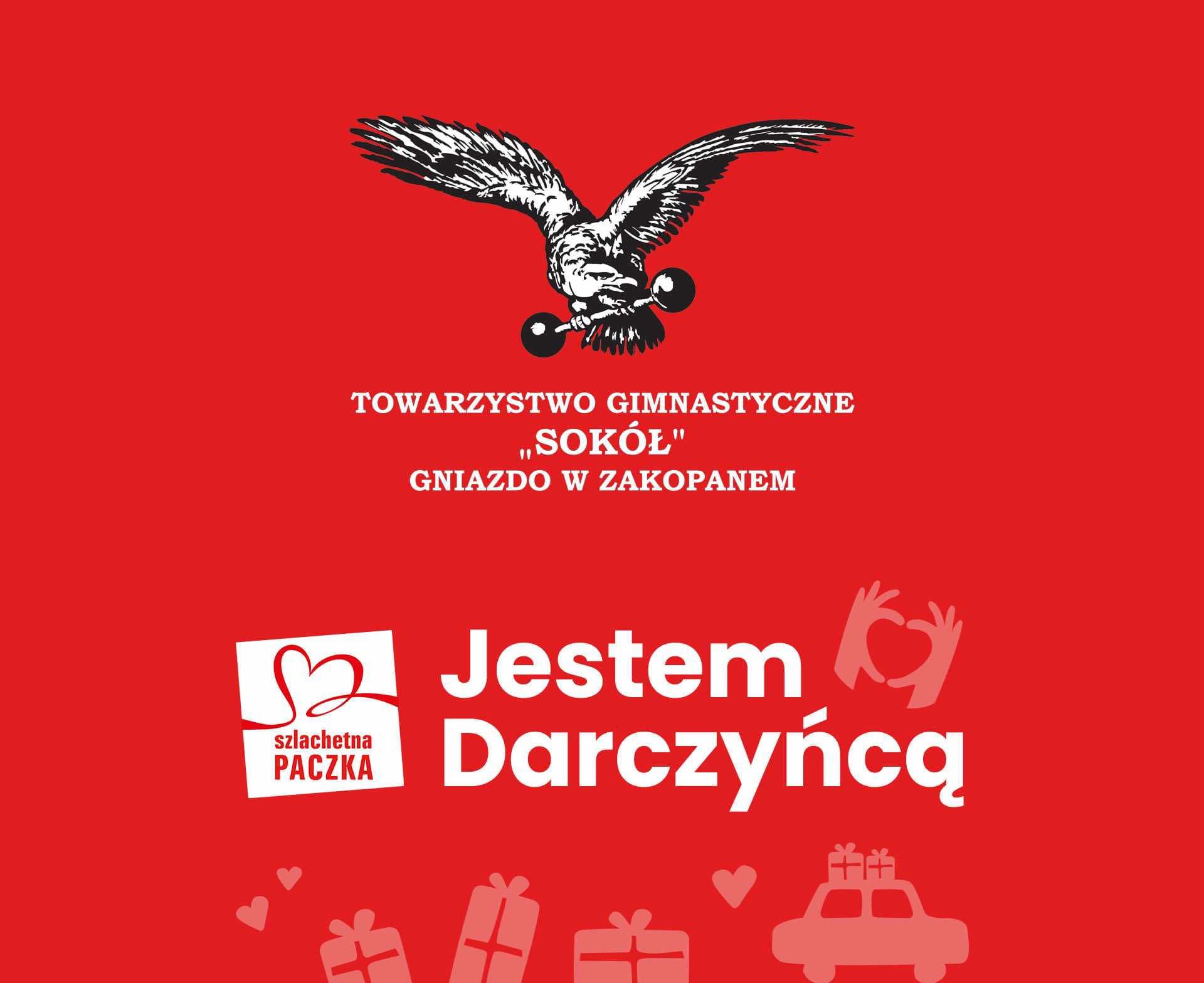 Plakat - na czerwonym tle jest logo TG. Sokół i logo Szlachetnej Paczki