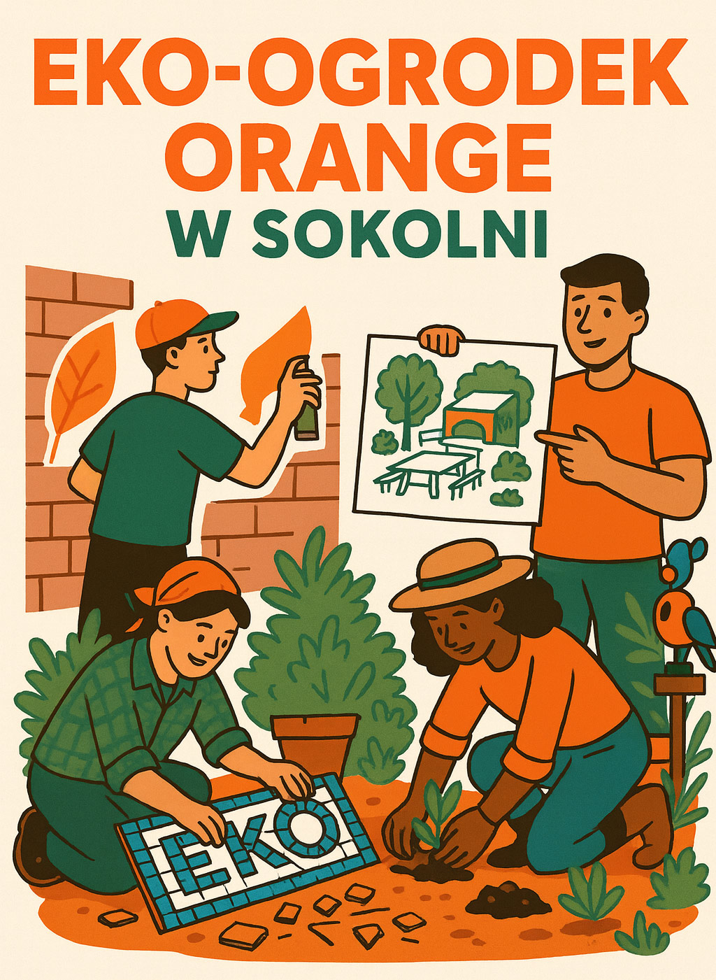 plakat projektu EKO Ogródek Orange w sokolni. Ilustracja prezentująca ludzi pracujących wspólnie w ogrodzie, są bardzo zadowoleni.