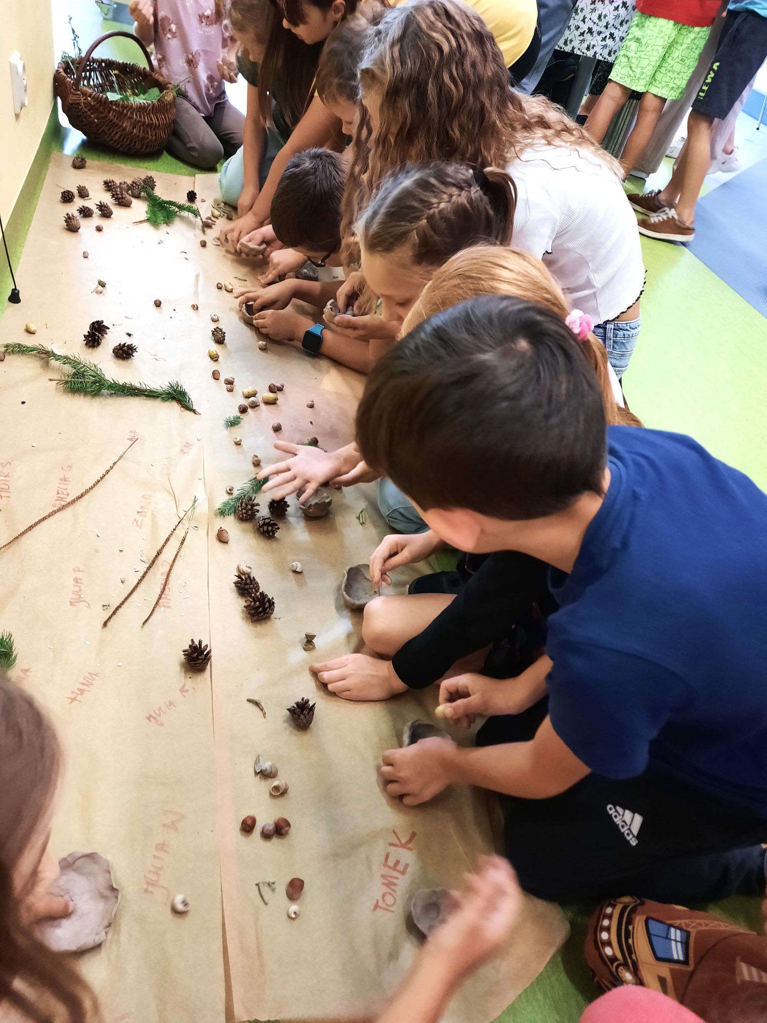 Grupa dzieci pochylająca się nad gałązkami, żołędziami i szyszkami rozłożonymi na podłodze.