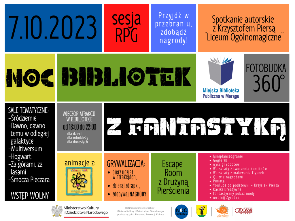 Plakat promujący wydarzenie Noc Bibliotek z Fantastyką w Miejskiej Bibliotece Publicznej w Morągu