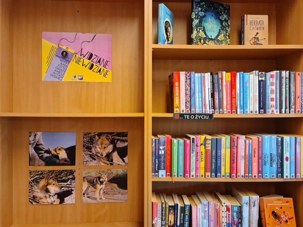 Regał z książkami po prawej, po lewej na tylną ścianę regału wklejone zdjęcia i plakat