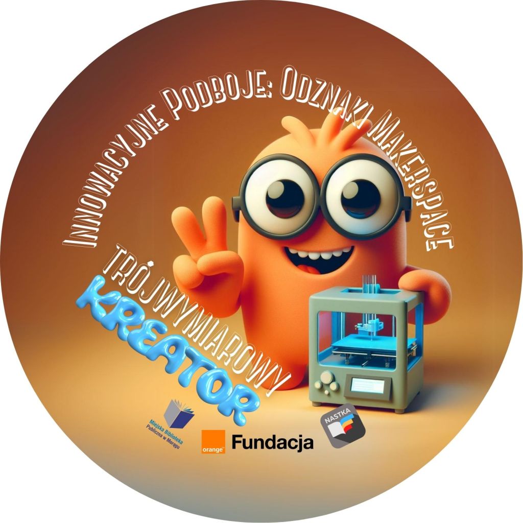 Grafika odznaki Innowacyjne Podboje: Odznaki Makerspace, Trójwymiarowy Kreator, po środku stworek z drukarka 3D