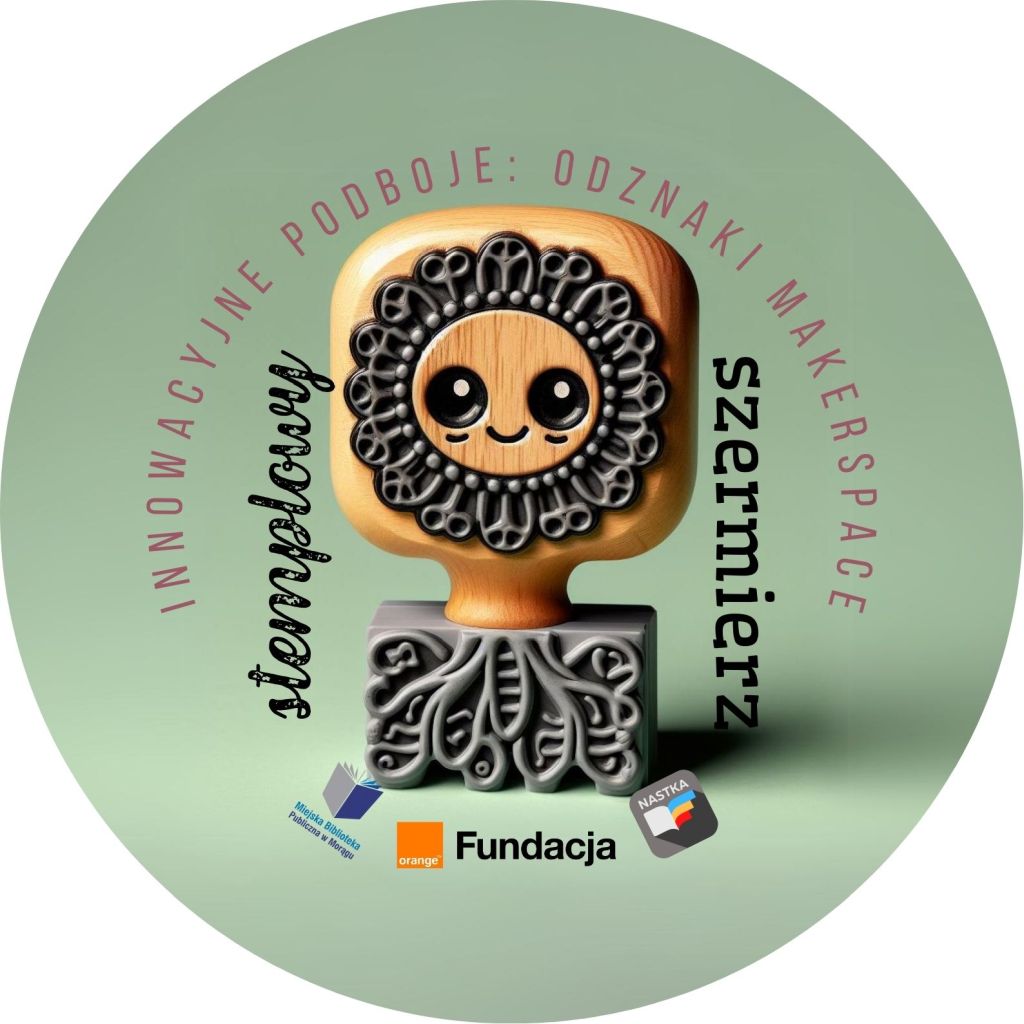 Grafika odznaki Innowacyjne Podboje: Odznaki Makerspace, Stemplowy szermierz po środku stworek w postaci uśmiechniętej pieczętki