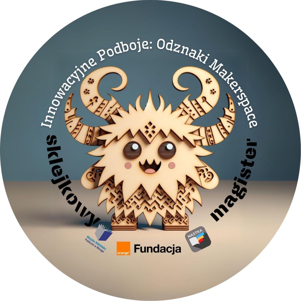 Grafika odznaki Innowacyjne Podboje: Odznaki Makerspace, Sklejkowy Magister, po środku stworek ze sklejki z rogami