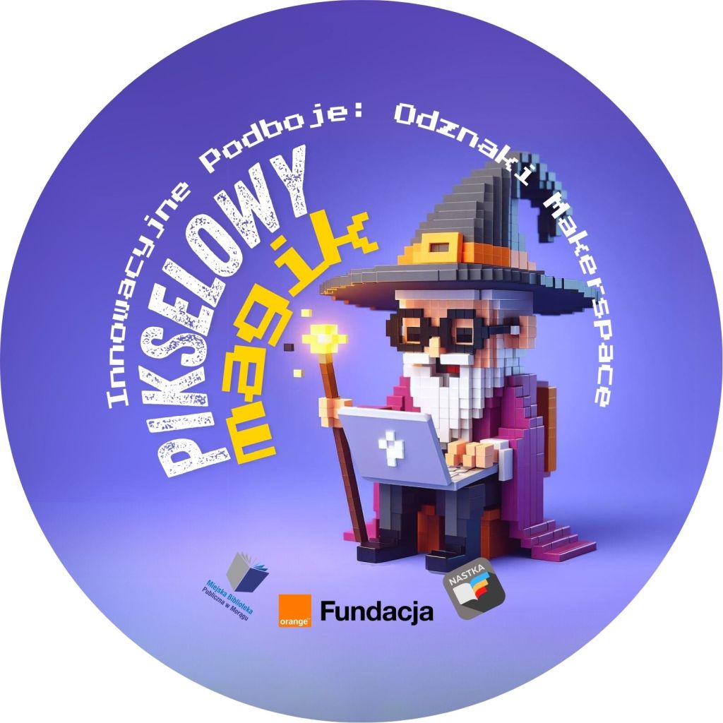 Grafika odznaki Innowacyjne Podboje: Odznaki Makerspace, Pikselowy Magik po środku stworek, magik z pikseli z laptopem