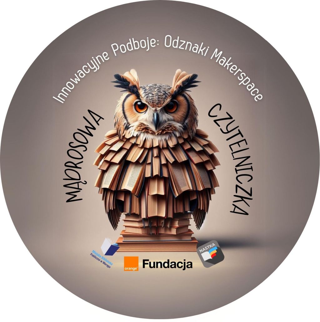 Grafika odznaki Innowacyjne Podboje: Odznaki Makerspace, Mądrosowa Czytelniczka, po środku stworek sowa, która ma pióra z kartek książki