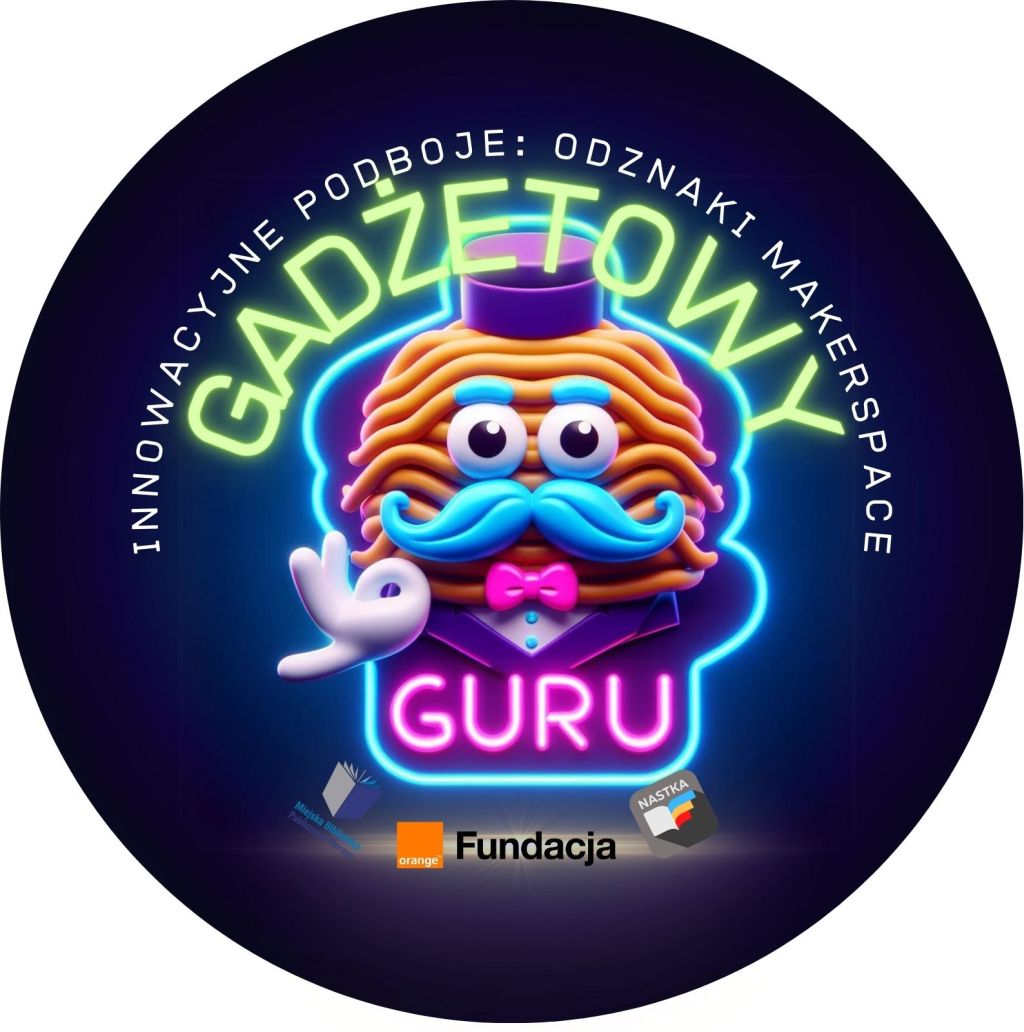 Grafika odznaki Innowacyjne Podboje: Odznaki Makerspace, Gadżetowy Guru, po środku stworek z neonu