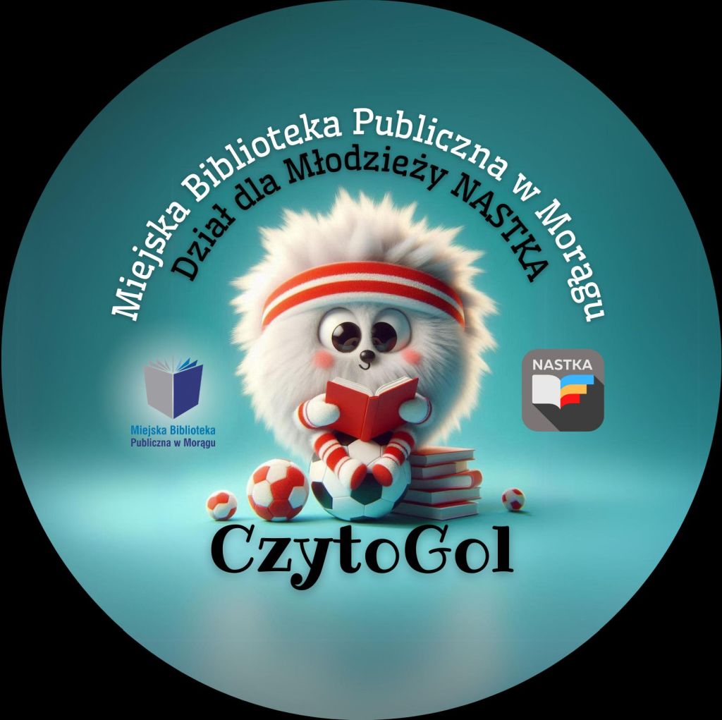 projekt przypinki z CzytoGolem, po środku biała puchata postać, siedzi na piłce i czyta książki