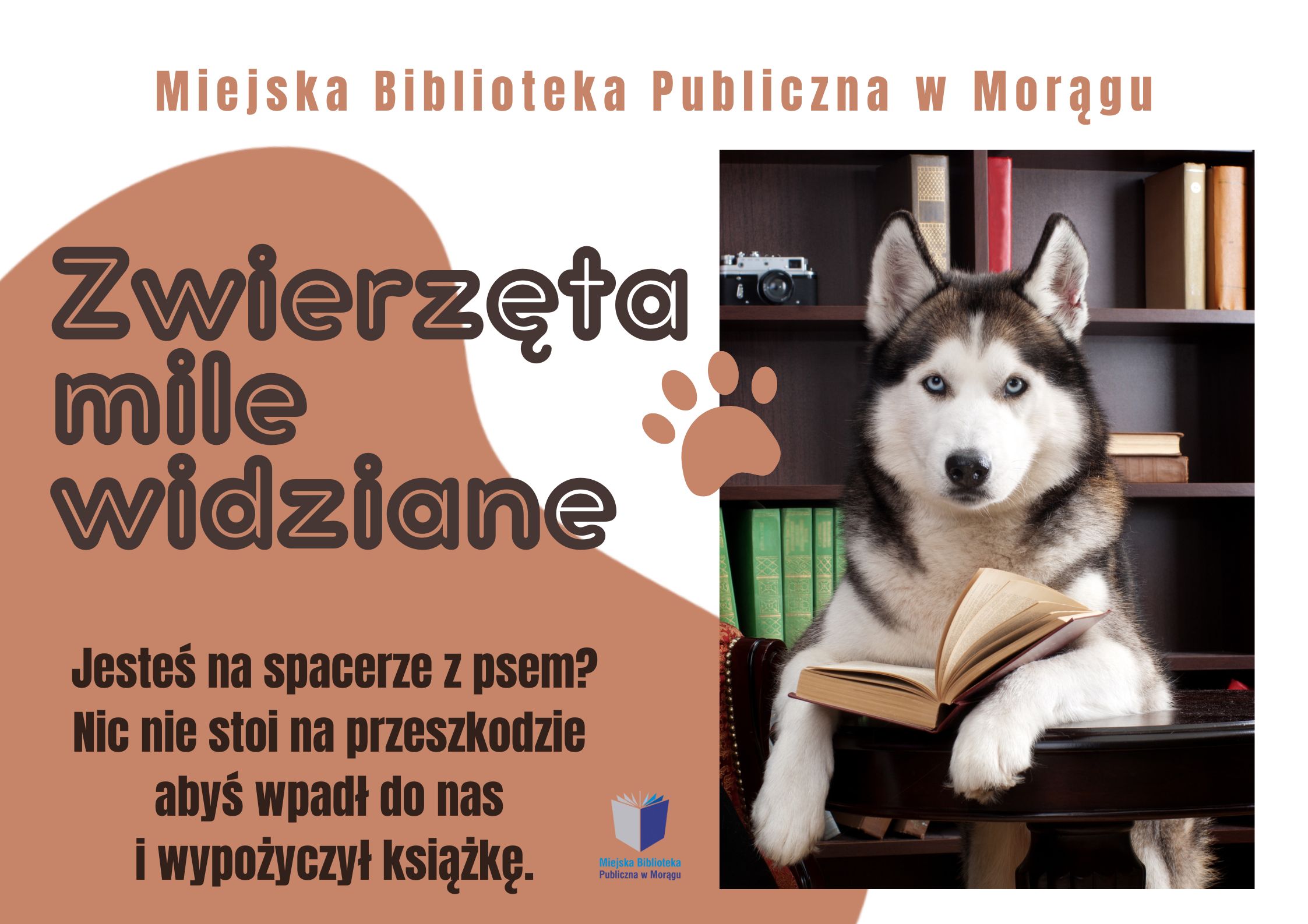 grafika Zwierzęta mile widziane, po prawej pies z książką