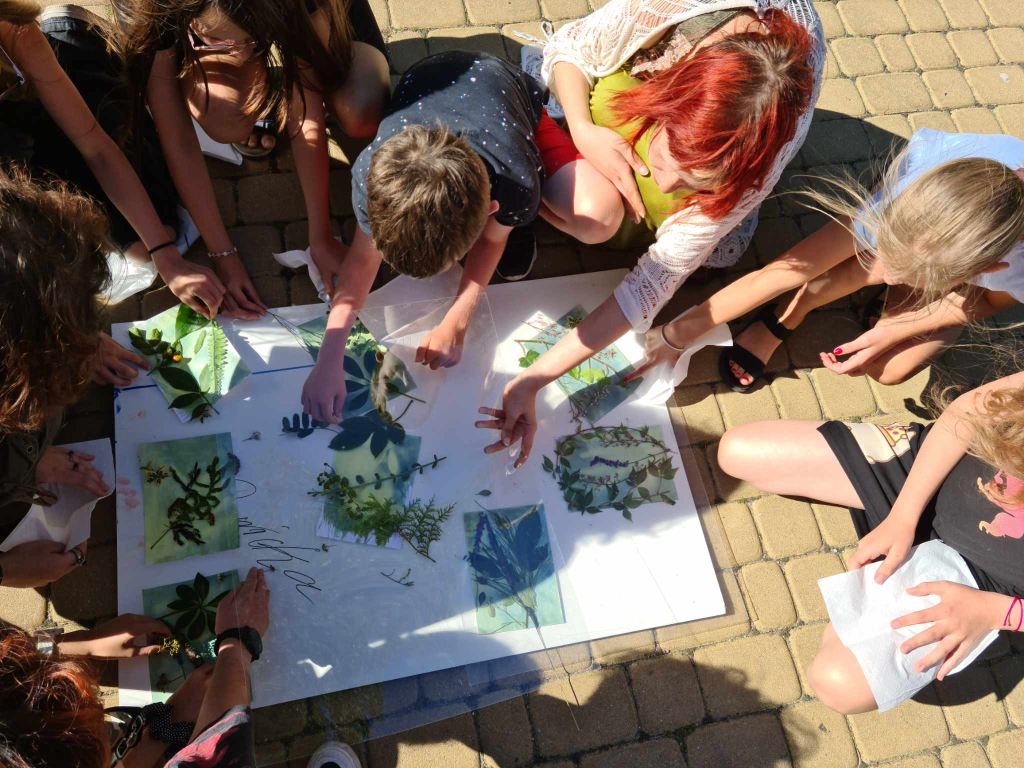 kilka osób nachyla się przy białej planszy leżącej na ziemi, na niej odbarwione kartki z liśćmi roślin