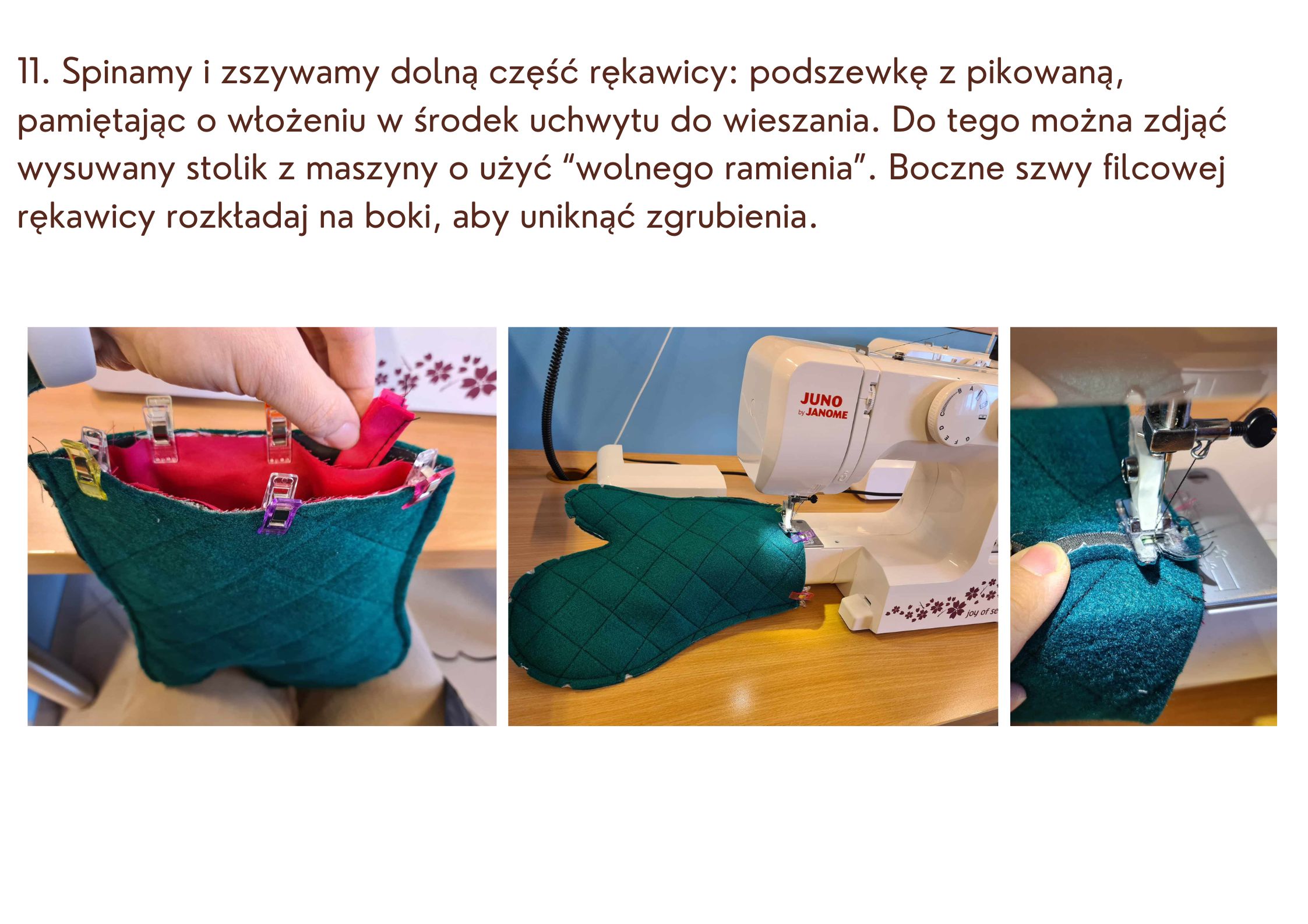 zdjęcia ilustrujące jak zszyć dolną część rękawicy