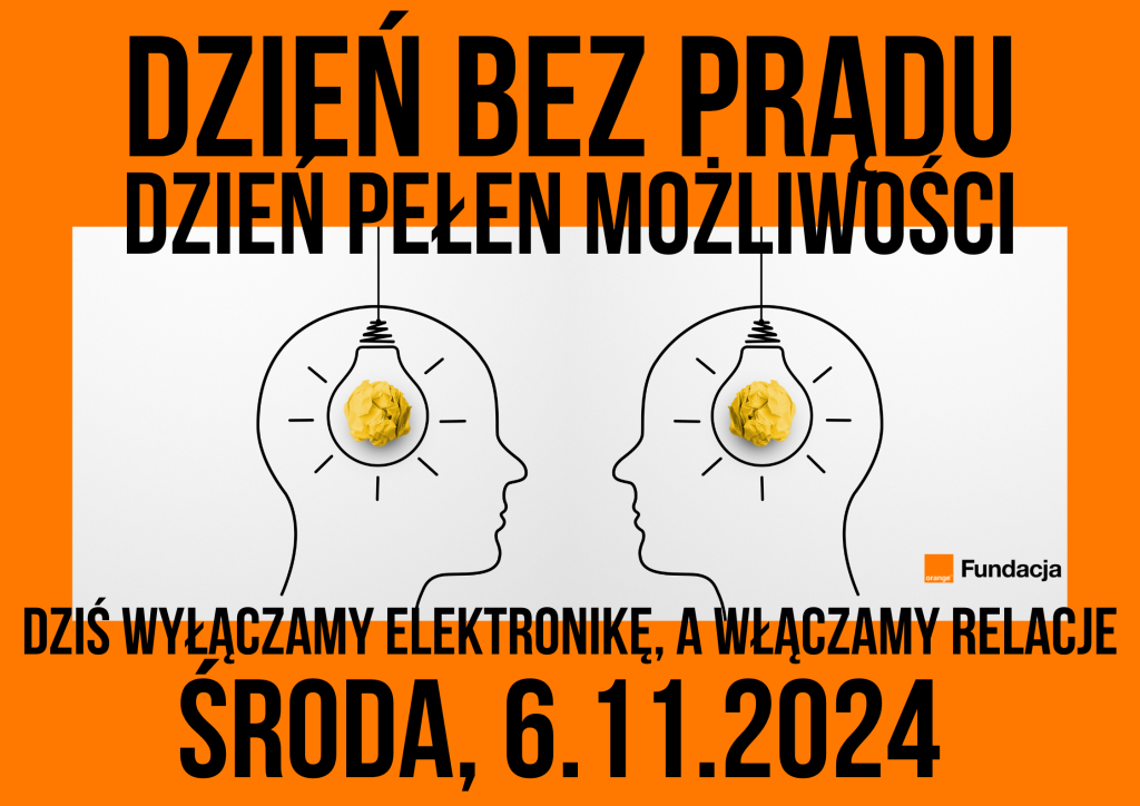 Grafika Dzień bez prądu, dzień pełen możliwości, linearny rysunek dwóch głów z profilu, z żarówkami