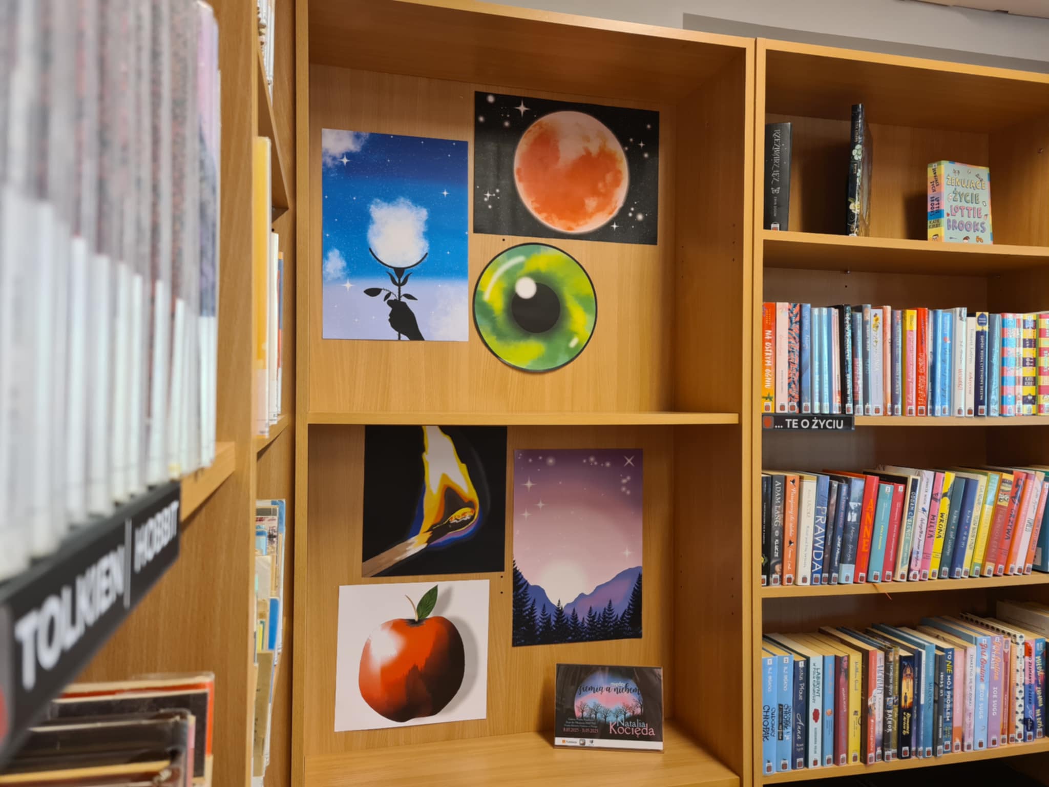 Drewniane półki w bibliotece z książkami i plakatami sztuki, w tym kwiat, czerwona luna, zielone oko i jabłko.