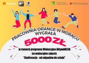 Grafika przedstawia cztery osoby skaczące w powietrzu na tle gradientowego nieba w odcieniach żółci i pomarańczu. Na górze umieszczone są logotypy organizacji, a w centralnej części widnieje napis informujący o wygranej 5000 zł na wakacyjne zajęcia „EkoKreacje – od odpadów do sztuki” w Pracowni Orange w Morągu.
