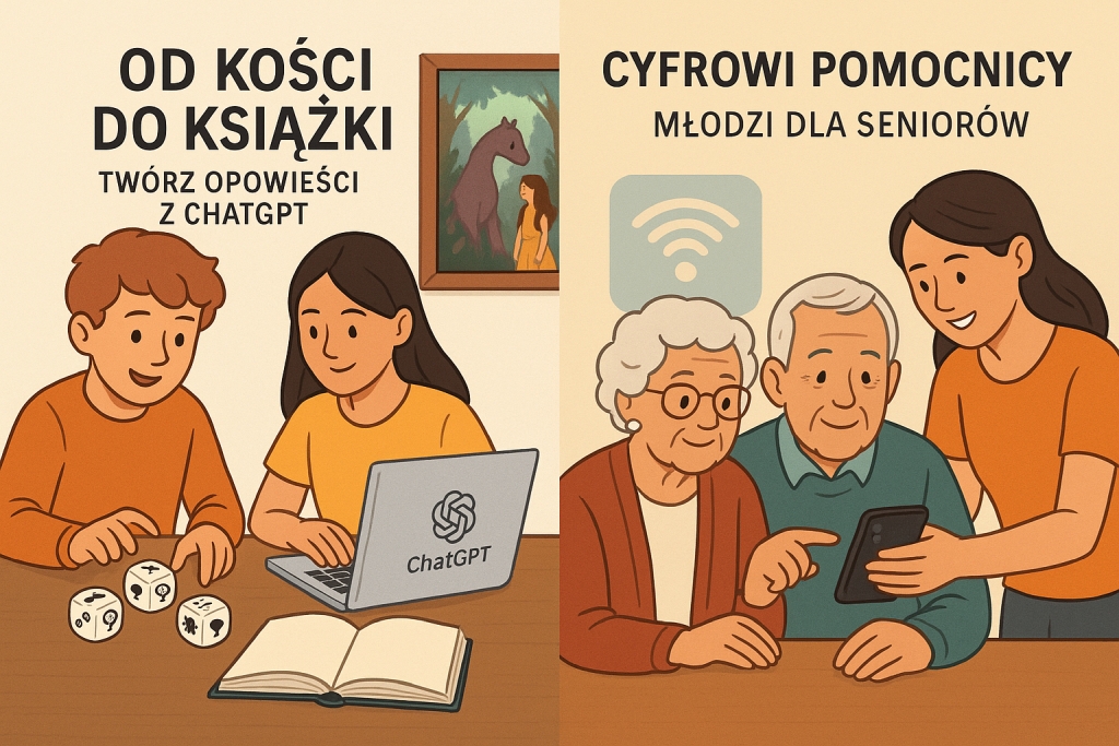 Grafika podzielona na dwie części. Po lewej dwoje nastolatków tworzy opowieść przy laptopie z ChatGPT i kostkach Story Cubes. Po prawej młoda kobieta pomaga starszemu małżeństwu obsługiwać smartfon. Oba obrazy pokazują współpracę i naukę w bibliotece.