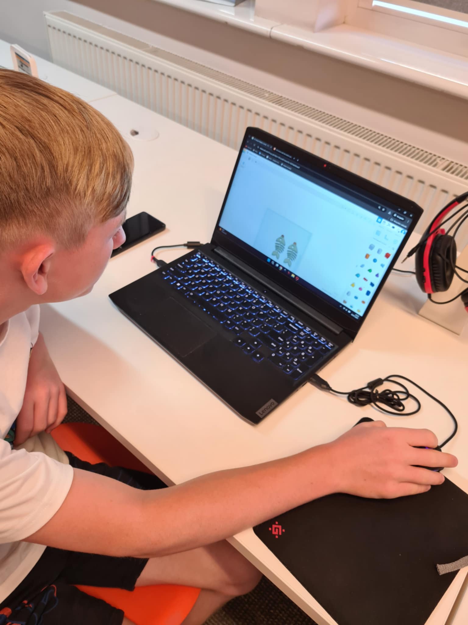 Chłopiec projektuje obiekt 3D na laptopie.