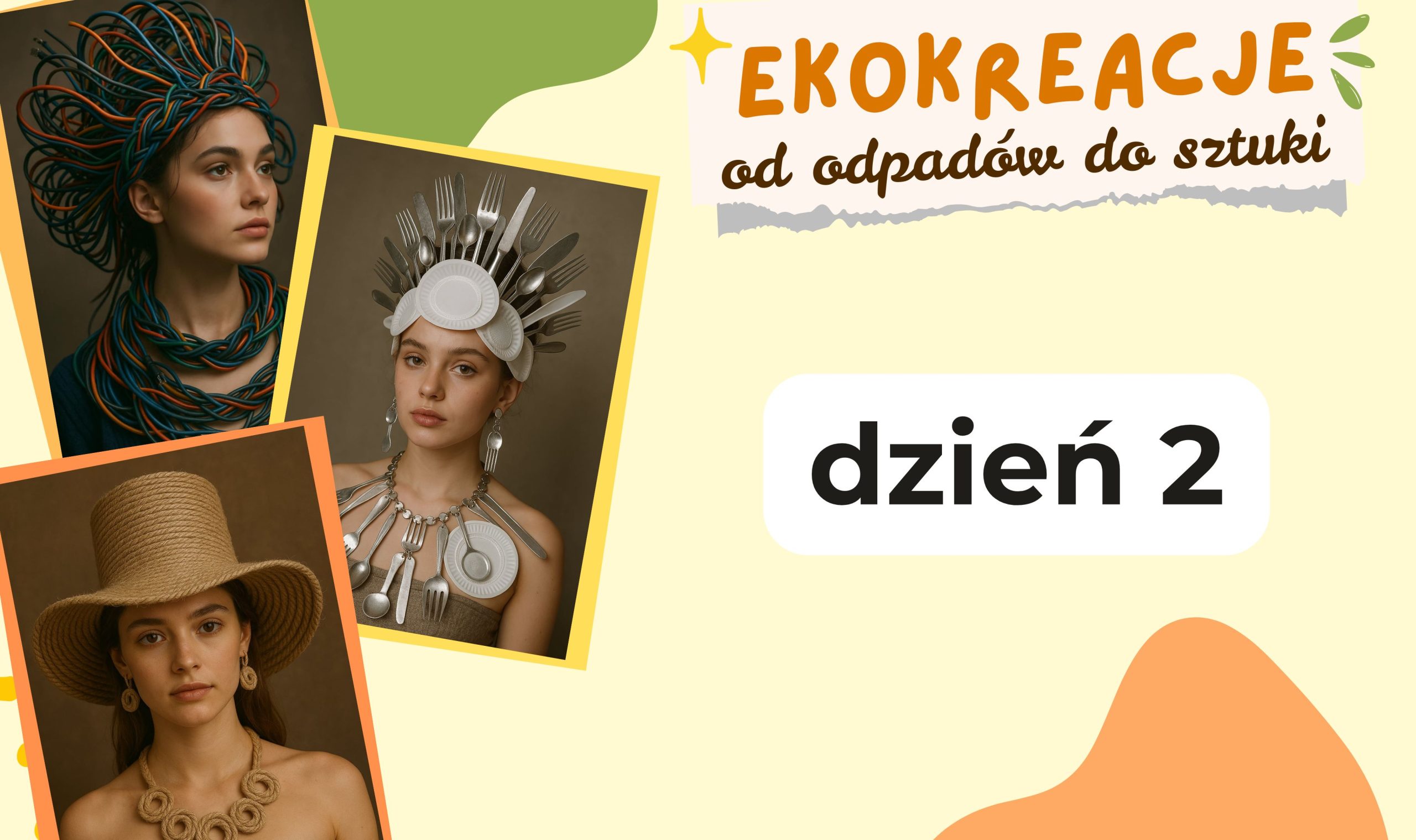 „Plakat ‘Ekokreacje — od odpadów do sztuki, dzień 2’; zdjęcia kobiet w artystycznych nakryciach głowy i biżuterii z kabli, sztućców i sznurka.”