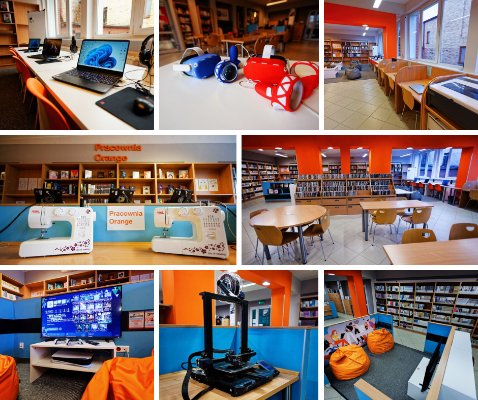 Kolaż zdjęć pokazujących nowoczesną Pracownię Orange w bibliotece — widać stanowiska komputerowe z laptopami i słuchawkami, gogle VR, maszyny do szycia, drukarkę 3D, strefę z pufami i telewizorem oraz przestronną czytelnię z regałami pełnymi książek.