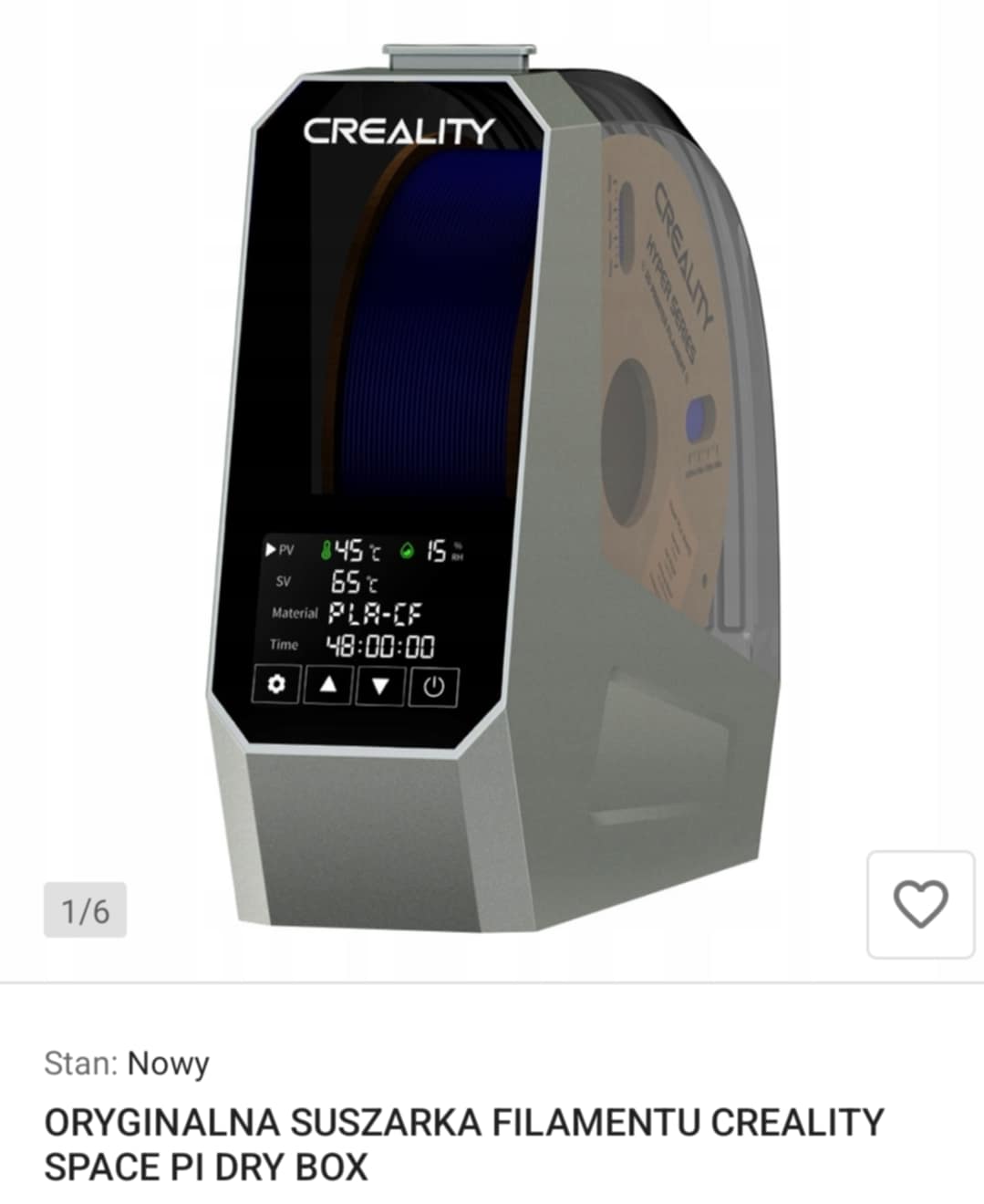 Zdjęcie reklamowe suszarki do filamentu Creality Space Pi Dry Box z wyświetlaczem temperatury i ustawieniami pracy.