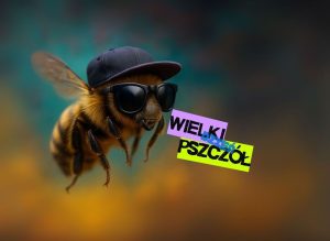 Grafika przedstawiająca pszczołę w ciemnych okularach i czapce z daszkiem na kolorowym tle. Obok napis „Wielki Dzień Pszczół” w kolorowych prostokątach.