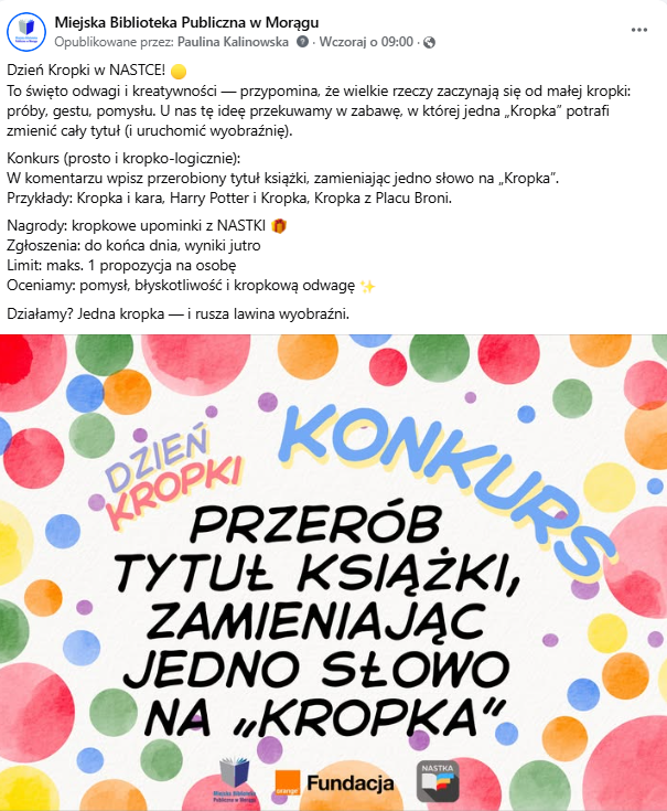 Zrzut ekranu posta biblioteki na Facebooku z opisem zabawy: „Przerób tytuł książki, zamieniając jedno słowo na Kropka”.