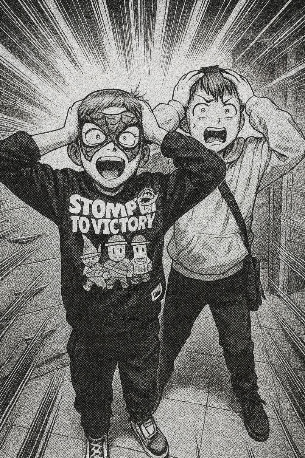 Rysunek w stylu mangi – dwóch chłopców z szeroko otwartymi oczami trzyma się za głowy w geście zaskoczenia.