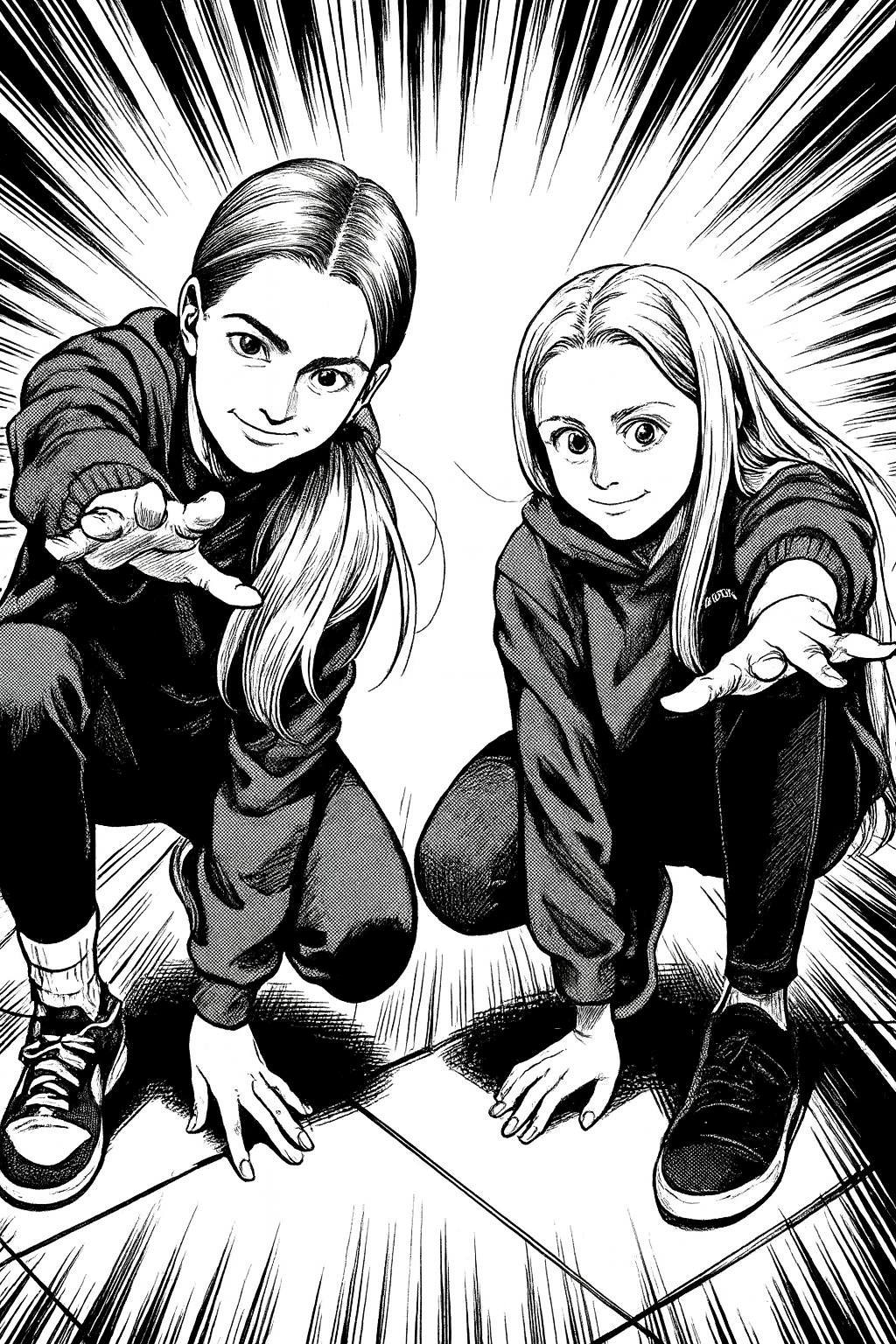 Ilustracja mangowa – dwie dziewczyny w dresach w dynamicznej pozie, z wyciągniętymi rękami i energicznymi minami.