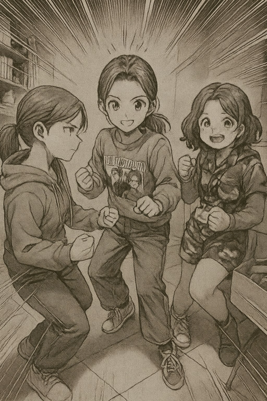 Rysunek w stylu mangi – trzy postacie w sportowych ubraniach, uśmiechnięte i gotowe do działania.