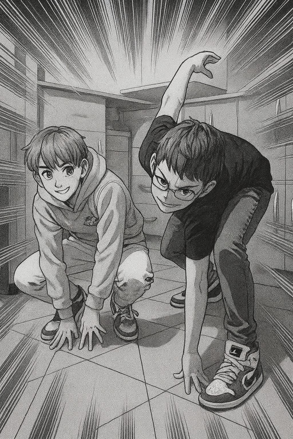 Ilustracja mangowa – dwóch chłopców w dynamicznej pozie, gotowych do skoku lub akcji.