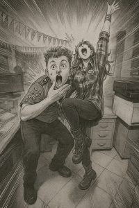 Rysunek mangowy – para bohaterów reaguje z ogromnym zdziwieniem, jedno z nich unosi rękę w geście triumfu.