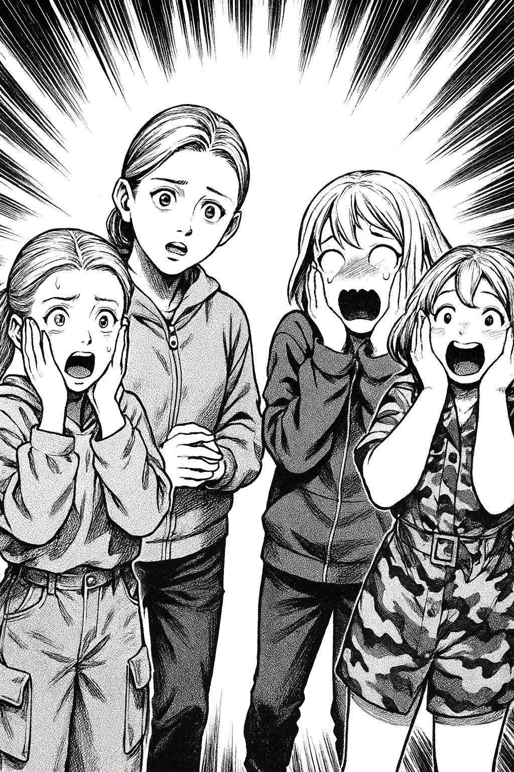 Ilustracja w stylu mangi – cztery dziewczyny z różnymi emocjami: zdziwienie, strach, zakłopotanie i ekscytacja.