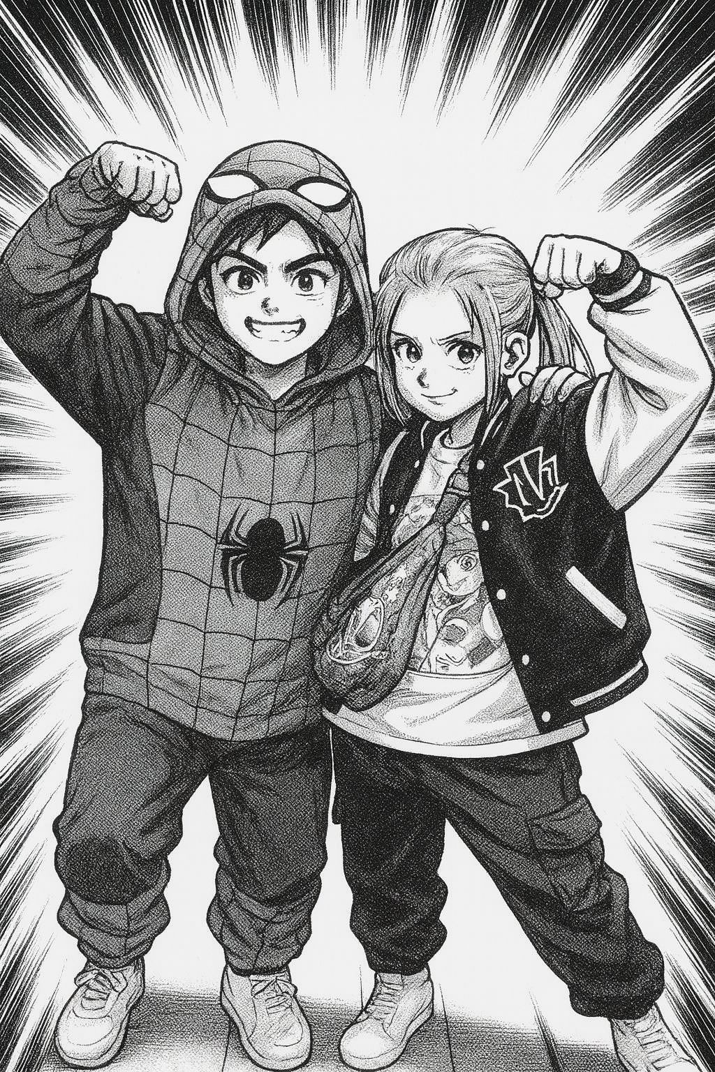 Rysunek mangowy – dwójka młodych bohaterów pozuje z zaciśniętymi pięściami, w strojach inspirowanych superbohaterami.