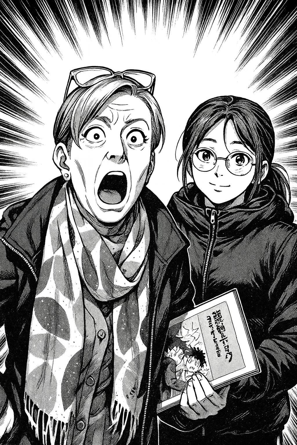 Ilustracja w stylu mangi – dwie dorosłe postacie, jedna zaskoczona, druga spokojna, trzymająca książkę z okładką komiksową.