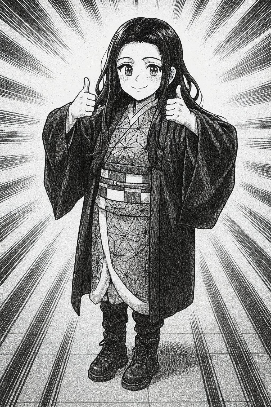 Rysunek w stylu mangi – uśmiechnięta postać w kimonie pokazuje gest podwójnego „okej”.