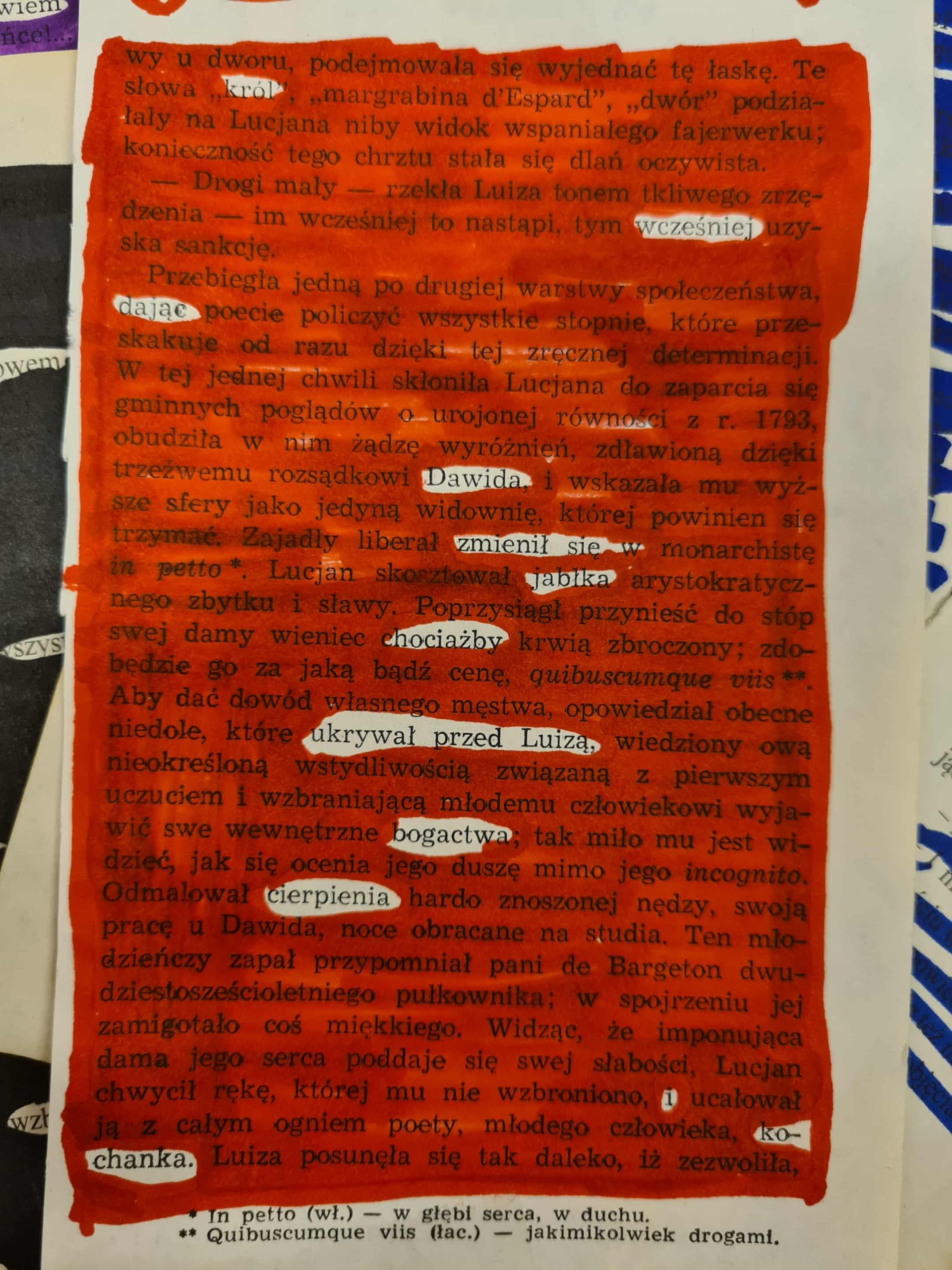 Czerwona kartka blackout poetry z zaznaczonymi pojedynczymi słowami i podpisem „Luiza”.