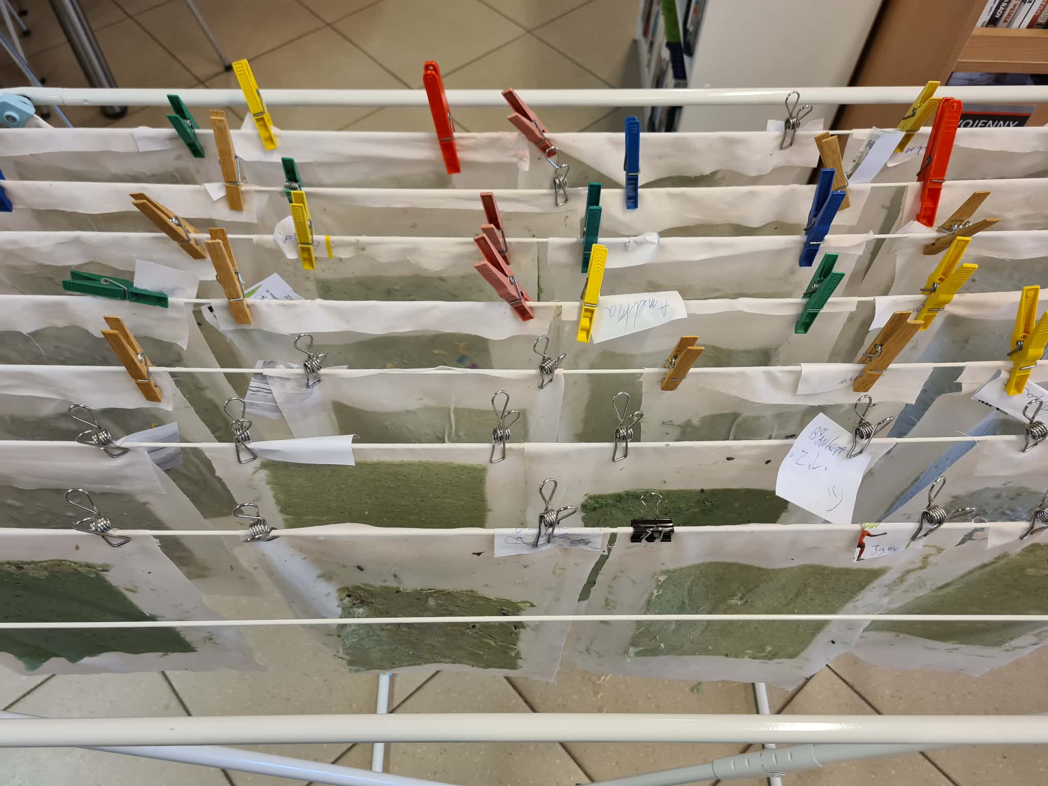 Suszarka z wieloma arkuszami papieru czerpanego przypiętymi klamerkami.