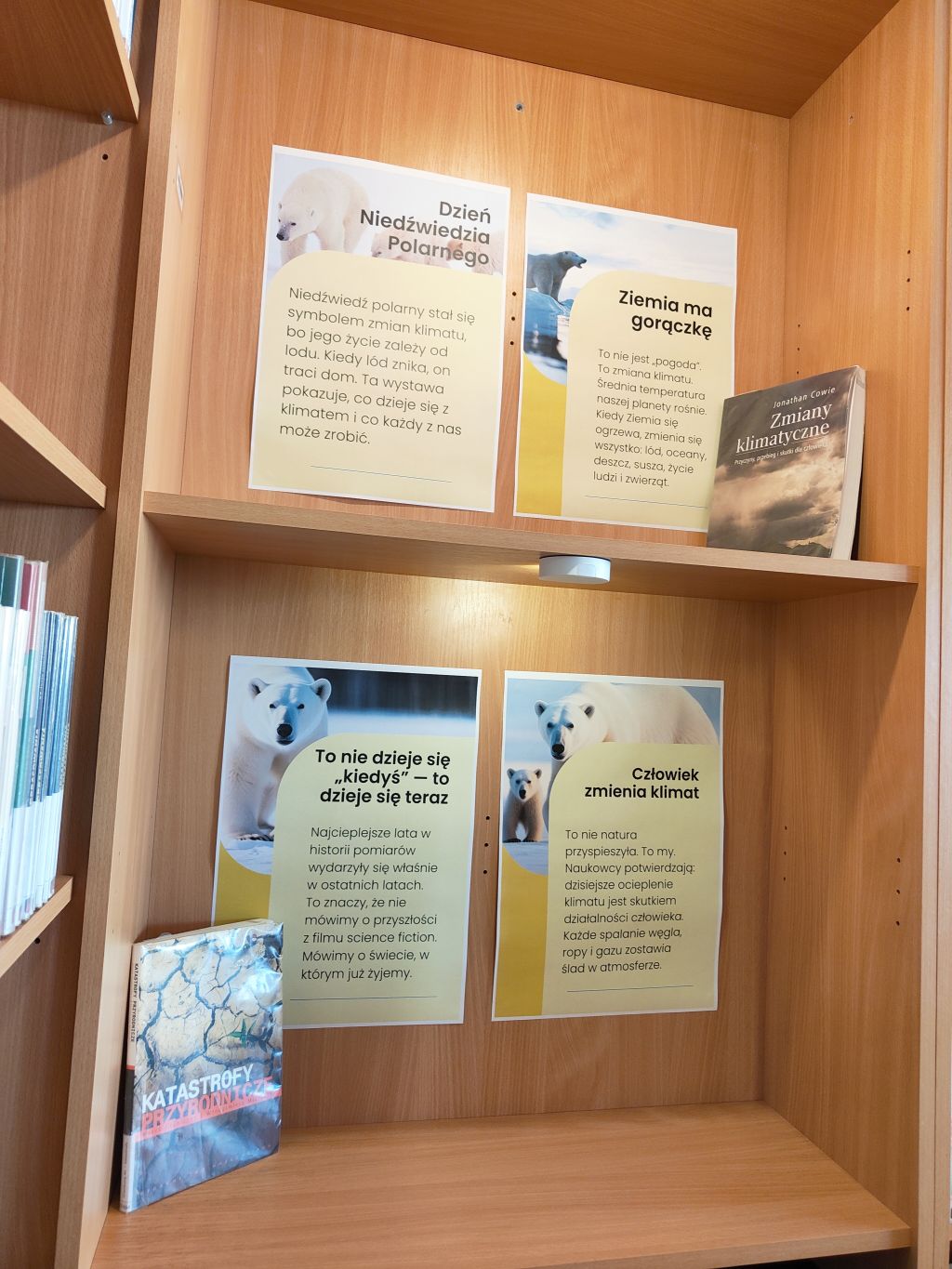 Plansze edukacyjne o zmianach klimatu i niedźwiedziu polarnym.