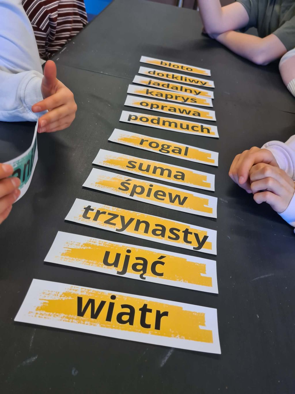 Rząd żółtych pasków z czarnymi napisami ułożonych pionowo na ciemnym stole.