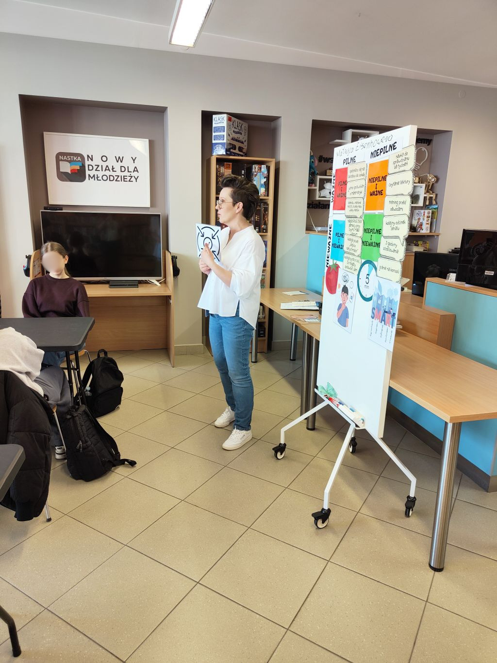 Zbliżenie na profil prowadzącej stojącej przy tablicy flipchart z pomocami wizualnymi dotyczącymi zarządzania czasem.