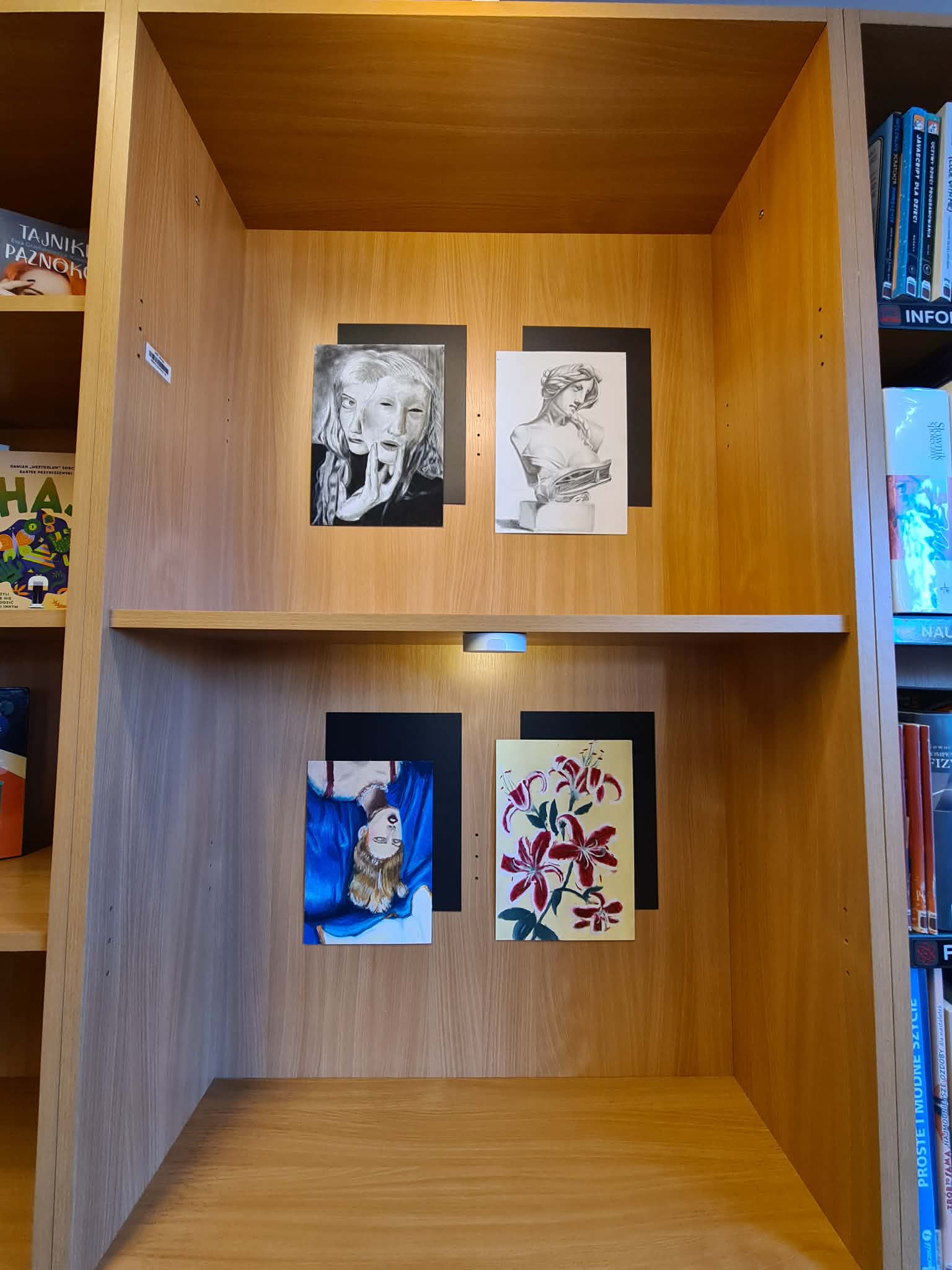 Rysunki i obrazy przedstawiające postacie i kwiaty zaprezentowane na półce w bibliotece.