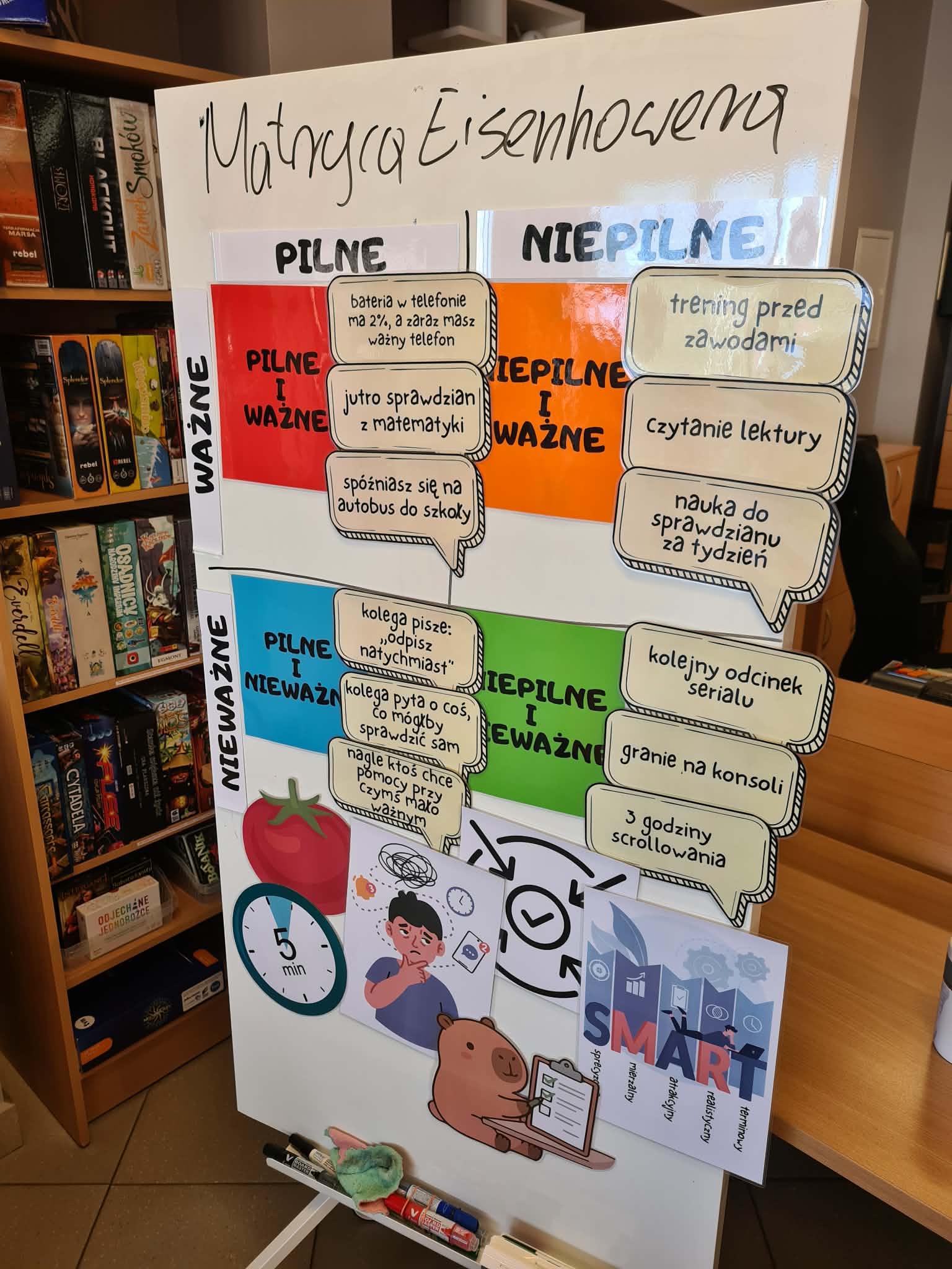 Plansza z matrycą Eisenhowera i przykładami zadań do przyporządkowania według ważności i pilności.