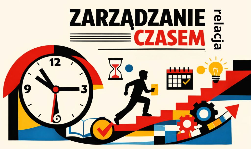 Grafika promująca temat zarządzania czasem z zegarem i symbolami planowania.