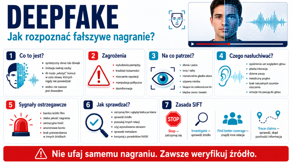 Infografika „Deepfake. Jak rozpoznać fałszywe nagranie?” pokazująca najważniejsze sygnały ostrzegawcze, zagrożenia, sposoby weryfikacji oraz zasadę SIFT.