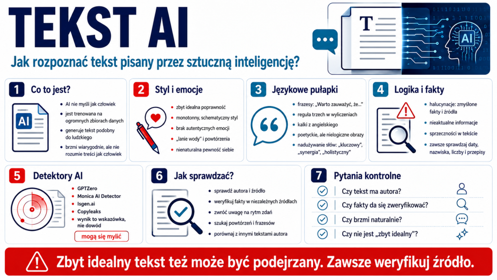 Infografika „Tekst AI. Jak rozpoznać tekst pisany przez sztuczną inteligencję?” przedstawiająca cechy tekstów AI, językowe pułapki, sposoby sprawdzania i pytania kontrolne.